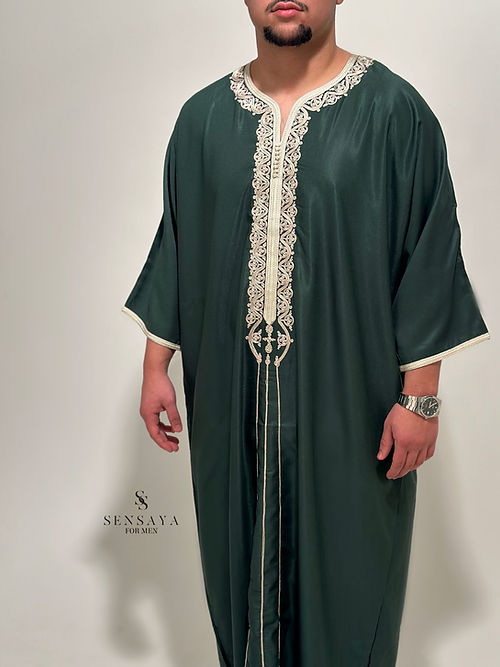 Djellaba Oujda green/ creme frontview